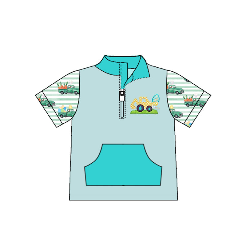 ( Moq 5 ) Preorder Baby Boys Short Sleeves Carrots Eggs Zipper Pocket Easter Pullover Shirt