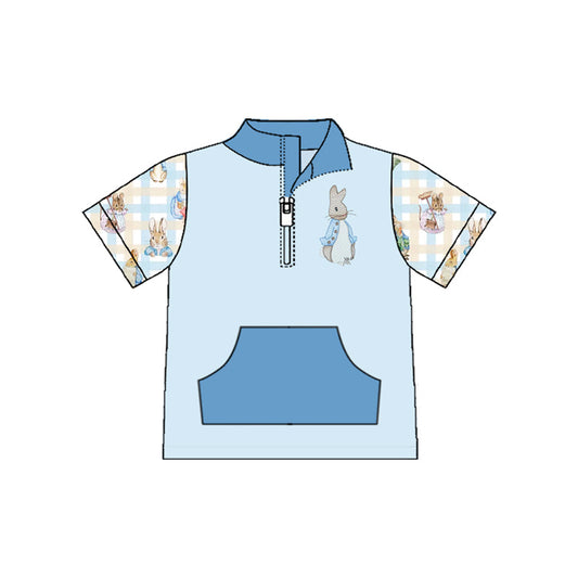 ( Moq 5 ) Preorder Baby Boys Plaid Short Sleeves Rabbits Zipper Pocket Easter Pullover Shirt