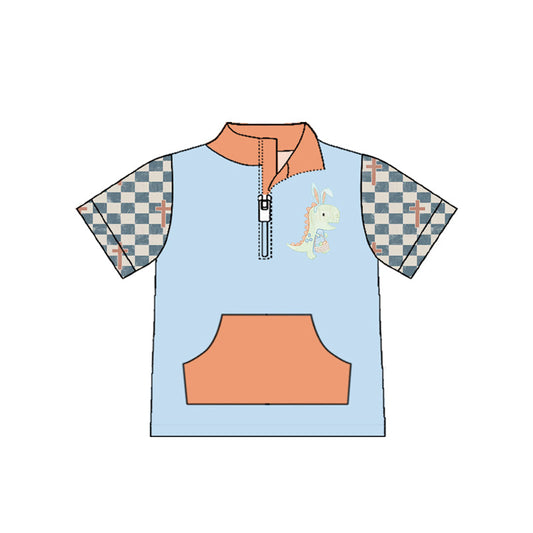 ( Moq 5 ) Preorder Baby Boys  Short Sleeves Dinosaurs Eggs Zipper Pocket Easter Pullover Shirt