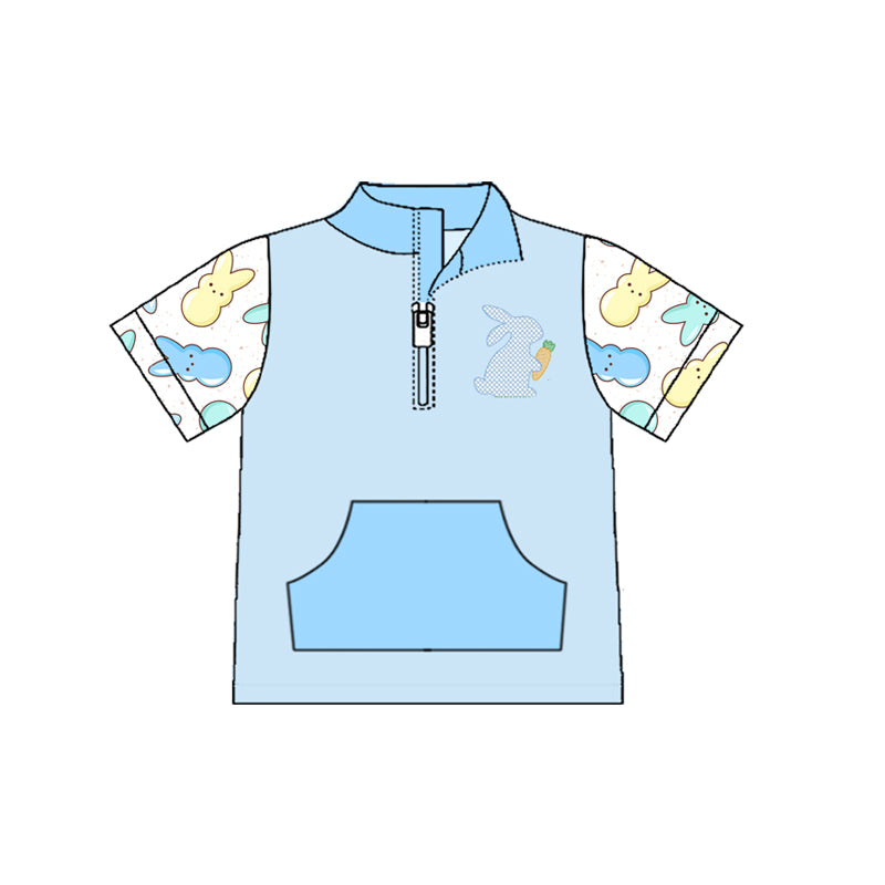 ( Moq 5 ) Preorder Baby Boys  Short Sleeves Rabbits Zipper Pocket Easter Blue Pullover Shirt