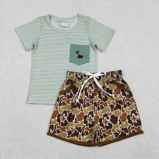 Baby Boys Kids Short Sleeves Embroidery Stripes Shirt Pockets Ducks Camo Shorts Clothes Set