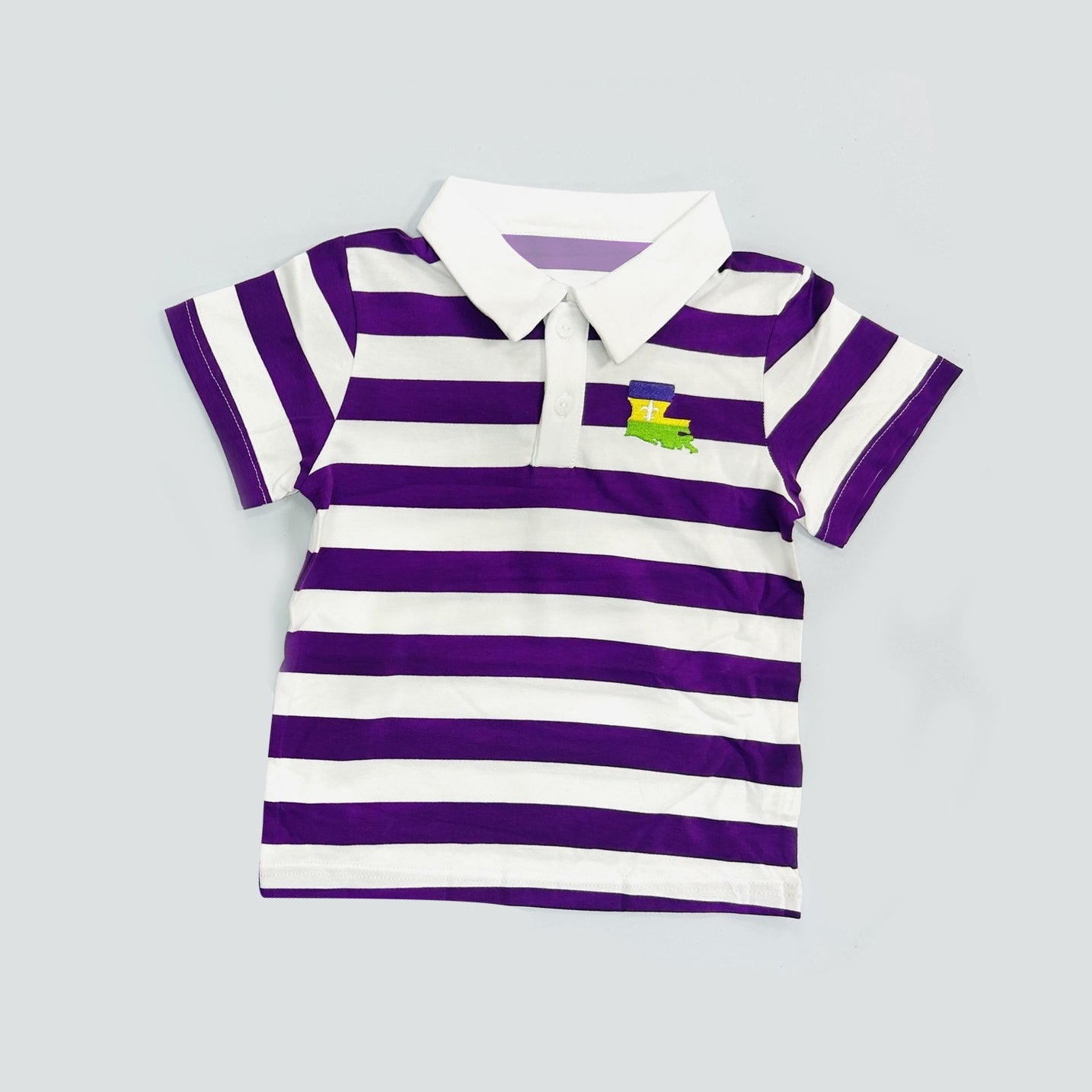( Moq 5 ) Preorder Baby Boys Short Sleeves Purple Stripes Mardi Gras Buttons Shirt Tops