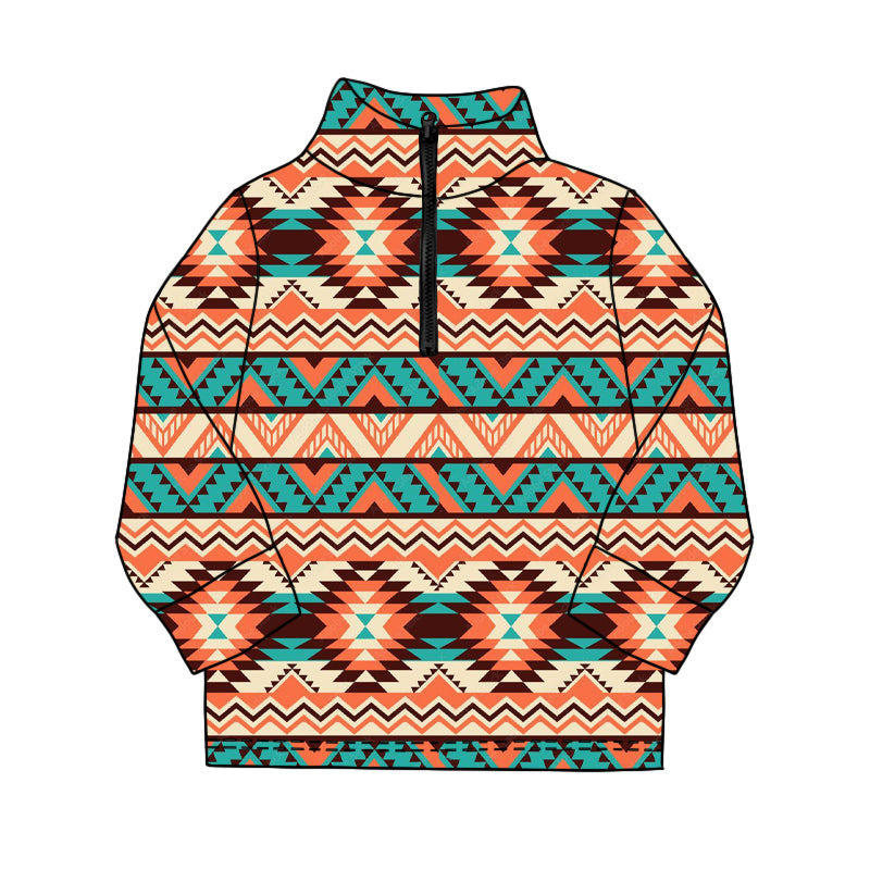 ( Moq 5 ) Preorder Baby Boys Long Sleeves Orange Aztec Zipper Western Pullover Shirt