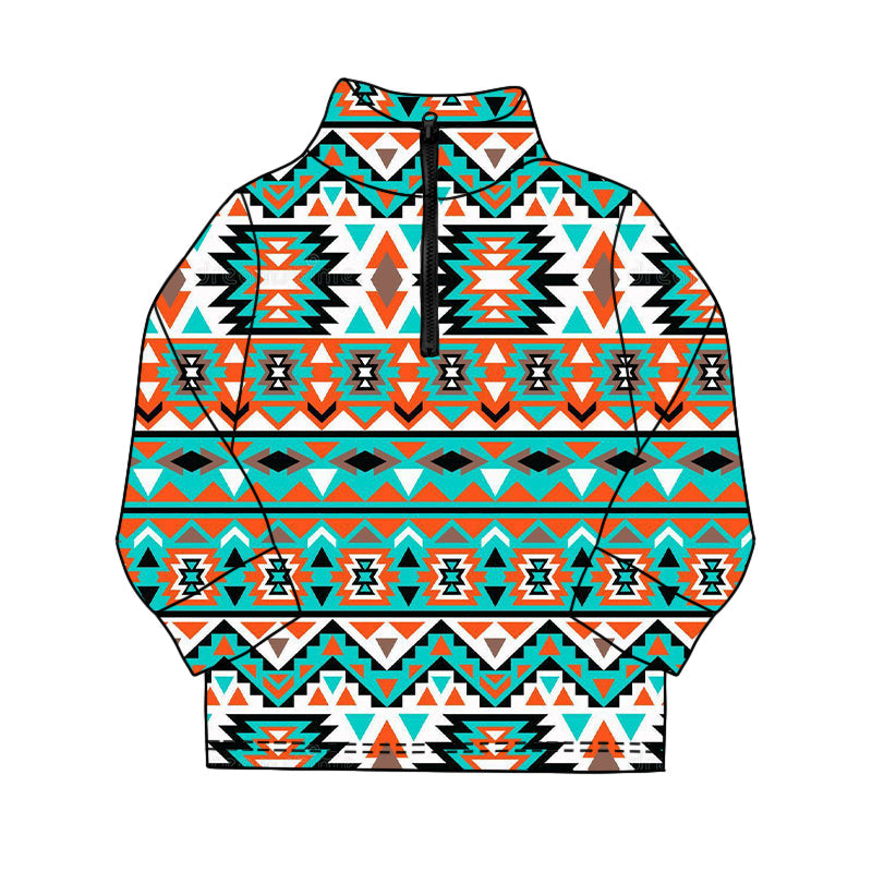 ( Moq 5 ) Preorder Baby Boys Long Sleeves Western Aztec Zipper Green Pullover Shirt