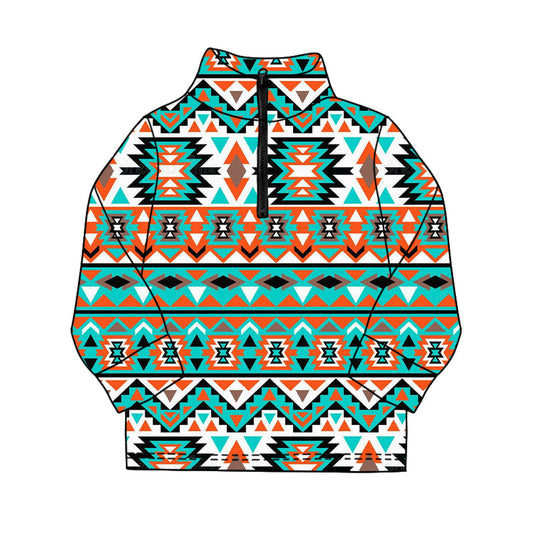 ( Moq 5 ) Preorder Baby Boys Long Sleeves Western Aztec Zipper Green Pullover Shirt