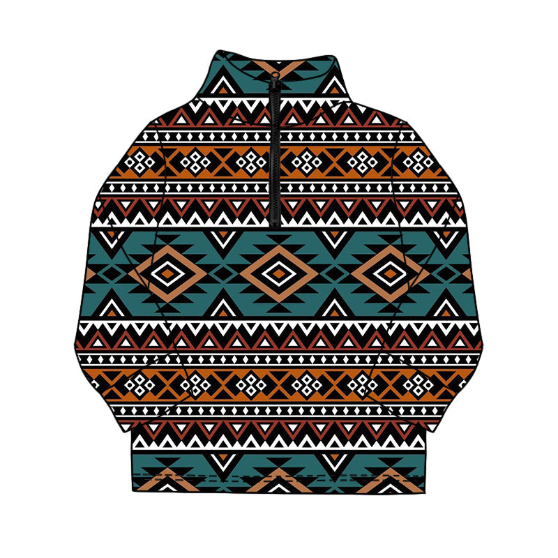 ( Moq 5 ) Preorder Baby Boys Long Sleeves Brown Green Aztec Zipper Western Pullover Shirt