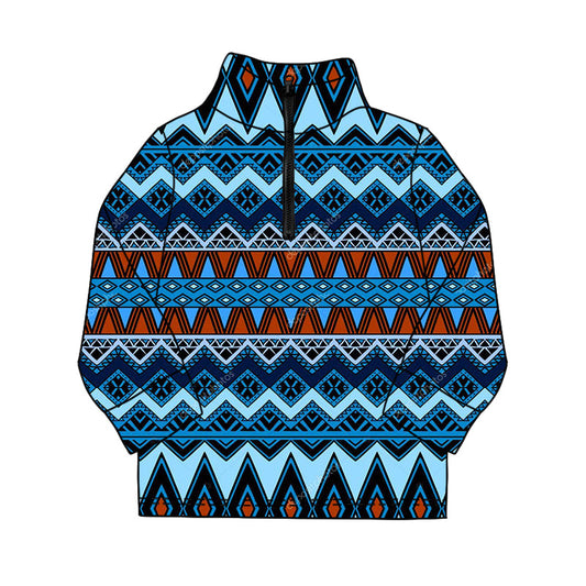 ( Moq 5 ) Preorder Baby Boys Long Sleeves Blue Aztec Zipper Western Pullover Shirt