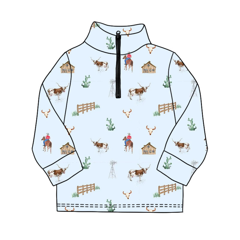 ( Moq 5 ) Preorder Baby Boys Long Sleeves Cow Cactus Western Zipper Pullover Shirt