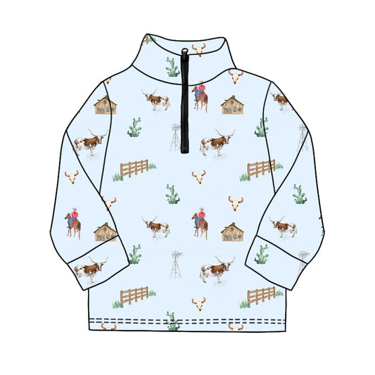 ( Moq 5 ) Preorder Baby Boys Long Sleeves Cow Cactus Western Zipper Pullover Shirt