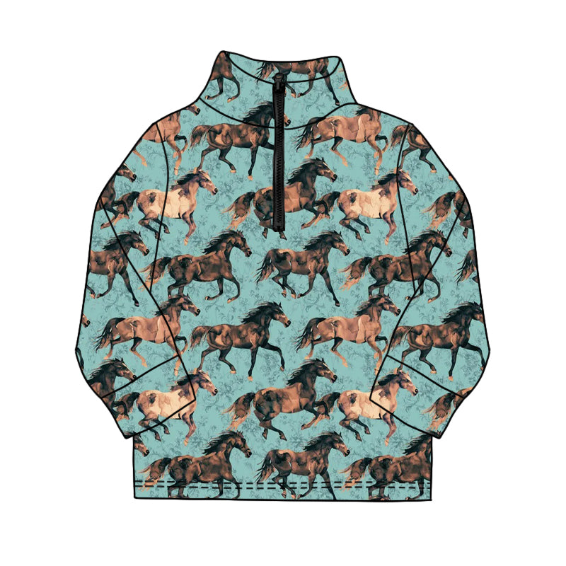 ( Moq 5 ) Preorder Baby Boys Long Sleeves Horse Western Zipper Green Pullover Shirt