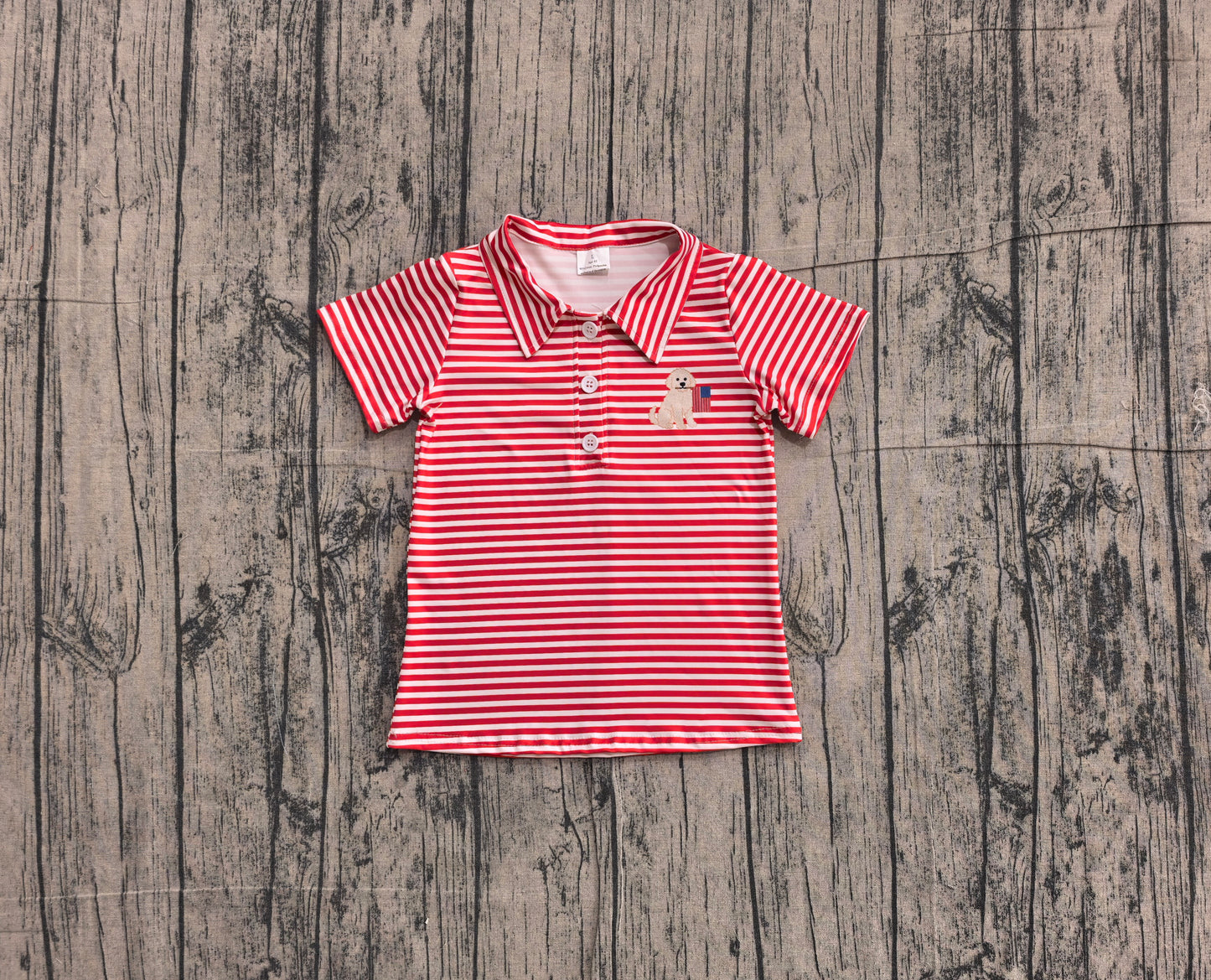Boys Kids Short Sleeves Dog Flag Red Stripes 4th of July Buttons Shirt Tops RTS