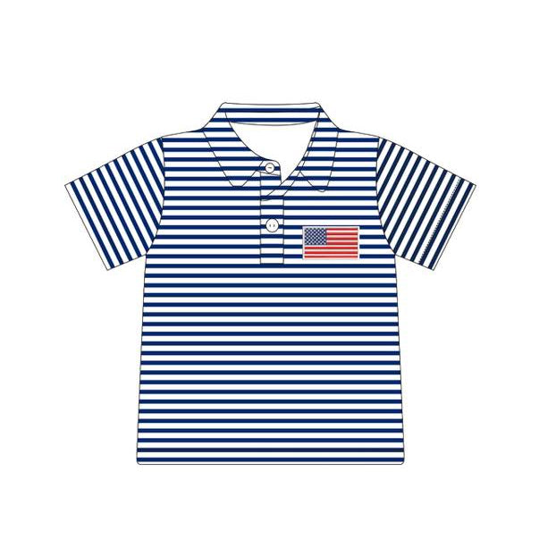 ( Moq 5 ) Preorder Boys Kids Short Sleeves Flag Navy Stripes 4th of July Buttons Shirt Tops