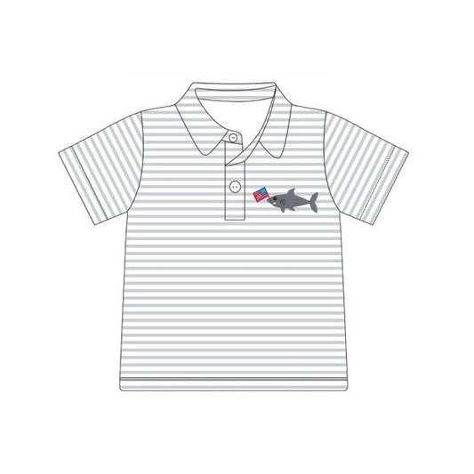 ( Moq 5 ) Preorder Boys Kids Short Sleeves Shark Flag Stripes 4th of July Buttons Shirt Tops