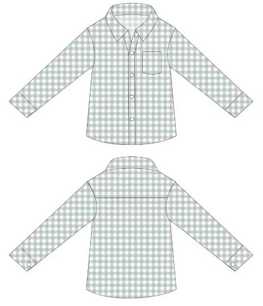 ( Moq 5 ) Preorder Baby Boys Long Sleeves Green Plaid Pocket Buttons Shirt Tops