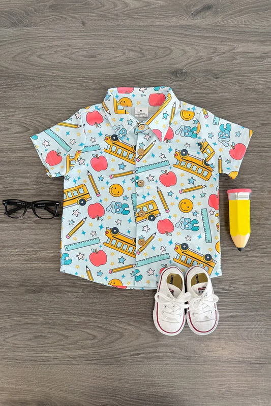 ( Moq 5 ) Preorder Baby Boys Short Sleeves Apple Pencil Buttons Pocket Back to School Shirt Tops