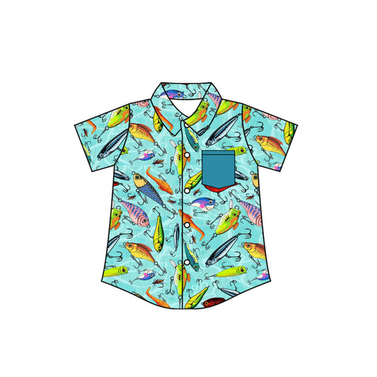( Moq 5 ) Preorder Baby Boys Kids Short Sleeves Fishing Buttons Green Pocket Shirt Tops