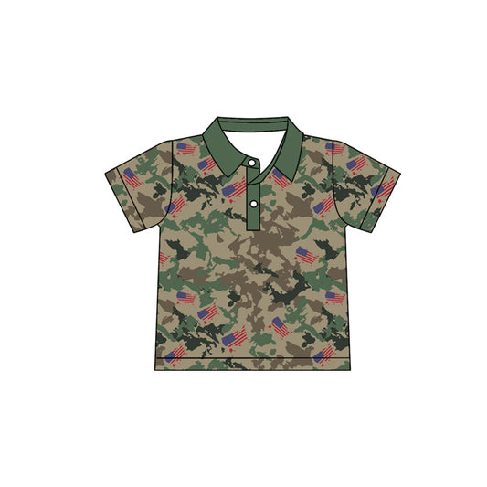 ( Moq 5 ) Preorder Baby Boys Kids Short Sleeves Flags Green Camo 4th of July Buttons Shirt Tops
