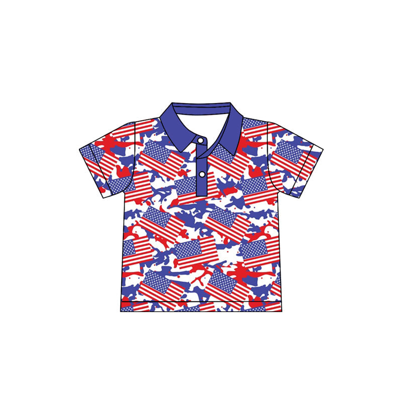 ( Moq 5 ) Preorder Baby Boys Kids Short Sleeves Flags Blue Camo 4th of July Buttons Shirt Tops