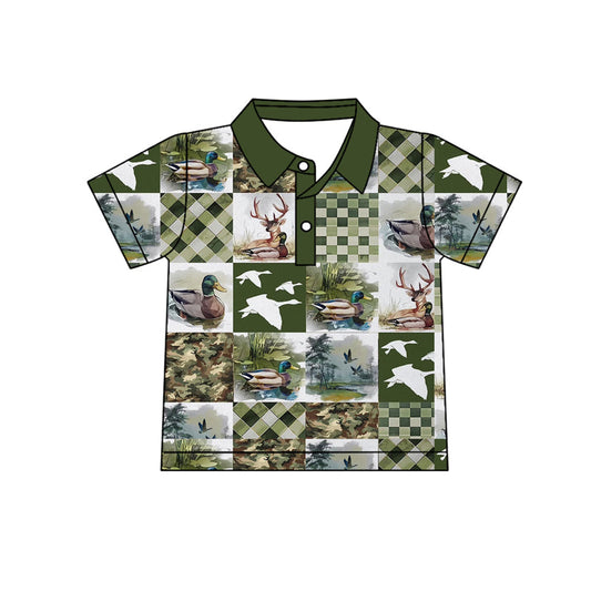 ( Moq 5 ) Preorder Baby Boys Short Sleeves Ducks Deer Buttons Hunting Green Shirt Tops