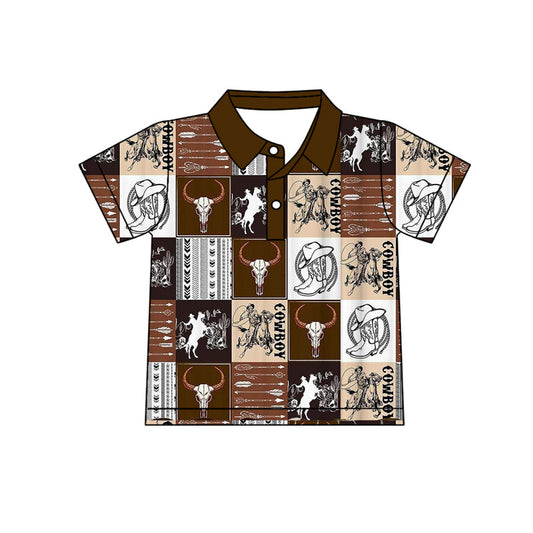 ( Moq 5 ) Preorder Baby Boys Short Sleeves Cowboy Boots Western Buttons Pullover Shirt