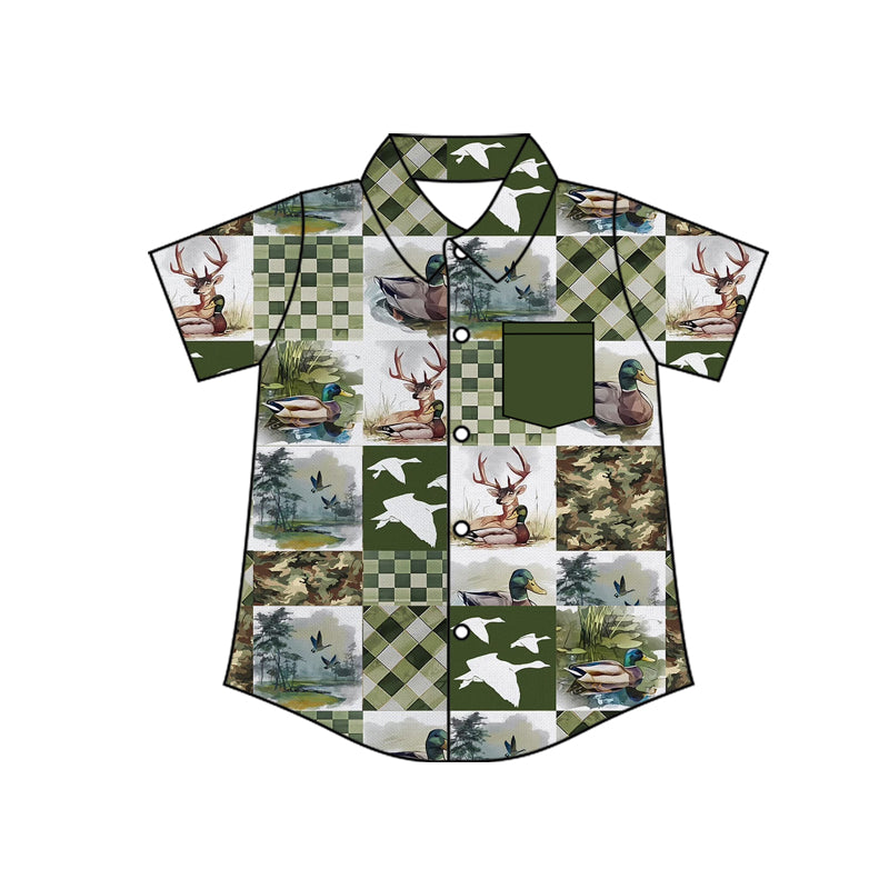 ( Moq 5 ) Preorder Baby Boys Short Sleeves Ducks Deer Buttons Hunting Pocket Shirt Tops