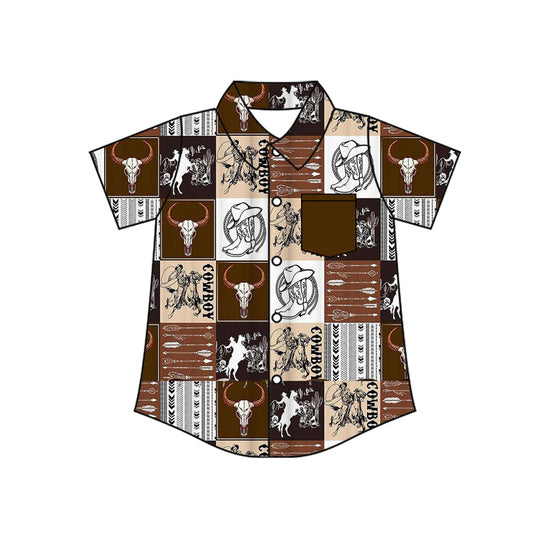 ( Moq 5 ) Preorder Baby Boys Short Sleeves Cowboy Boots Western Buttons Shirt Tops