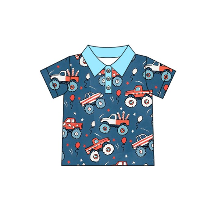 ( Moq 5 ) Preorder Baby Boys Kids Short Sleeves Trucks 4th of July Buttons Shirt Tops