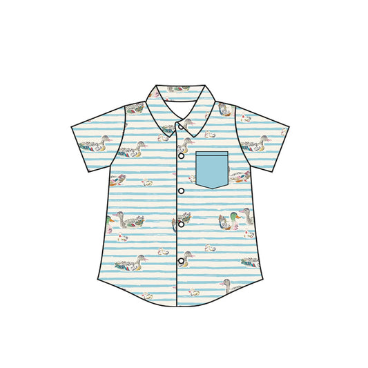 ( Moq 5 ) Preorder Baby Boys Short Sleeves Ducks Stripes Buttons Pocket  Shirt Tops