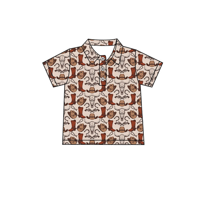 ( Moq 5 ) Preorder Baby Boys Short Sleeves Boots Hats Western Cow Print Buttons Polo Shirt Tops
