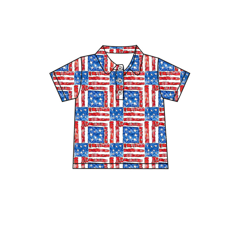 ( Moq 5 ) Preorder Baby Boys Short Sleeves Flags Stars 4th of July Buttons Polo Shirt Tops