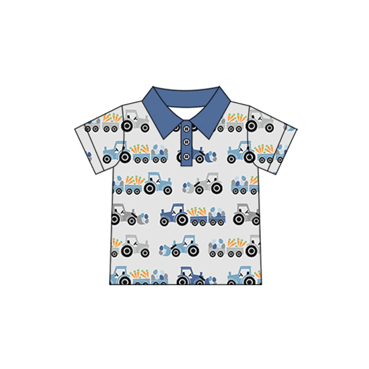 ( Moq 5 ) Preorder Baby Boys Short Sleeves Eggs Carrots Tractors Easter Buttons Polo Shirt Tops