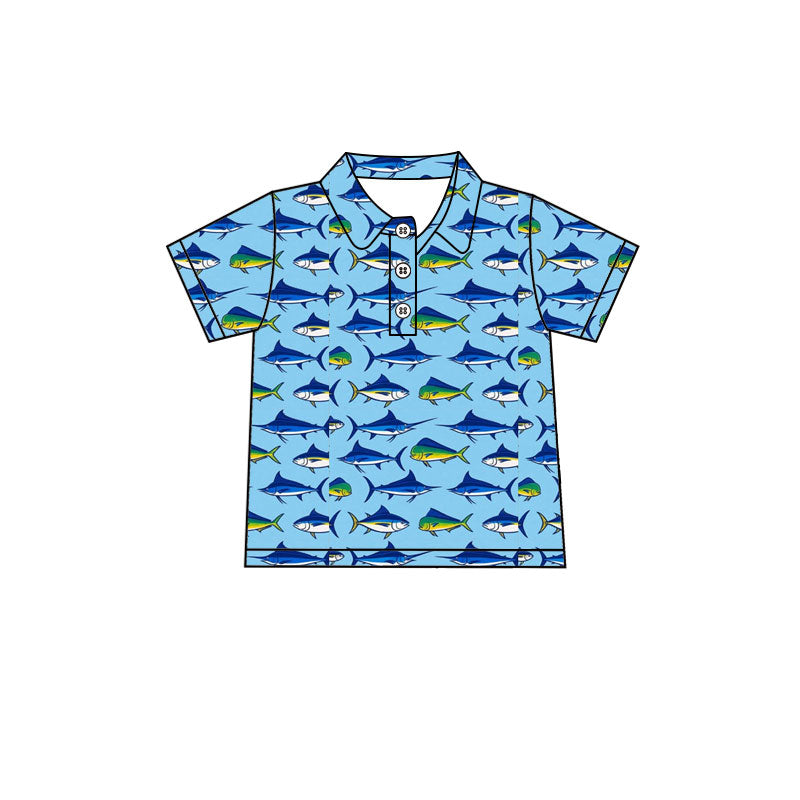( Moq 5 ) Preorder Baby Boys Short Sleeves Fish Buttons Blue Shirt Tops