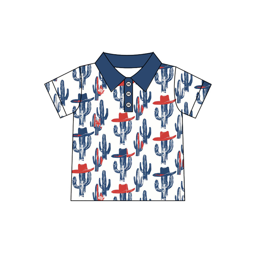 ( Moq 5 ）Preorder Baby Boys Short Sleeves Western Cactus Hats Buttons Blue Polo Shirt Tee