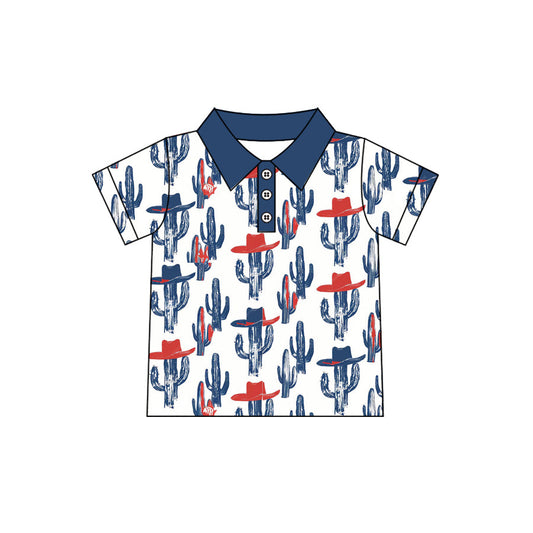 ( Moq 5 ）Preorder Baby Boys Short Sleeves Western Cactus Hats Buttons Blue Polo Shirt Tee