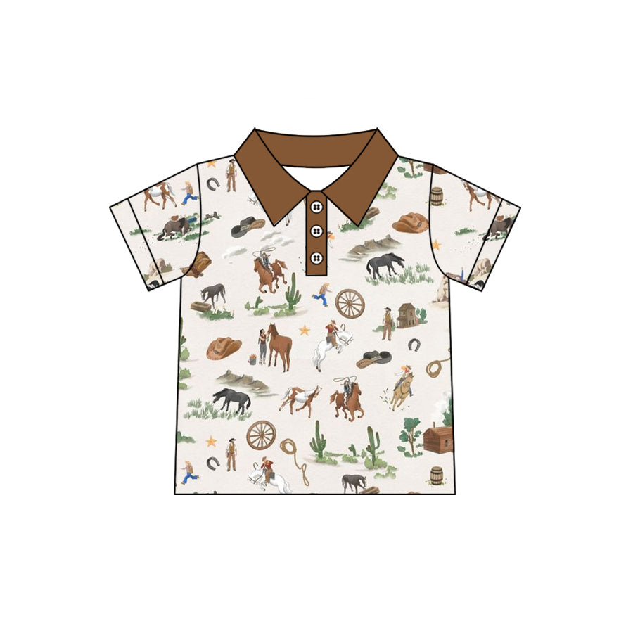 ( Moq 5 ）Preorder Baby Boys Kids Short Sleeves Western Rodeo Cactus Buttons Brown Shirt
