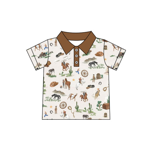 ( Moq 5 ）Preorder Baby Boys Kids Short Sleeves Western Rodeo Cactus Buttons Brown Shirt