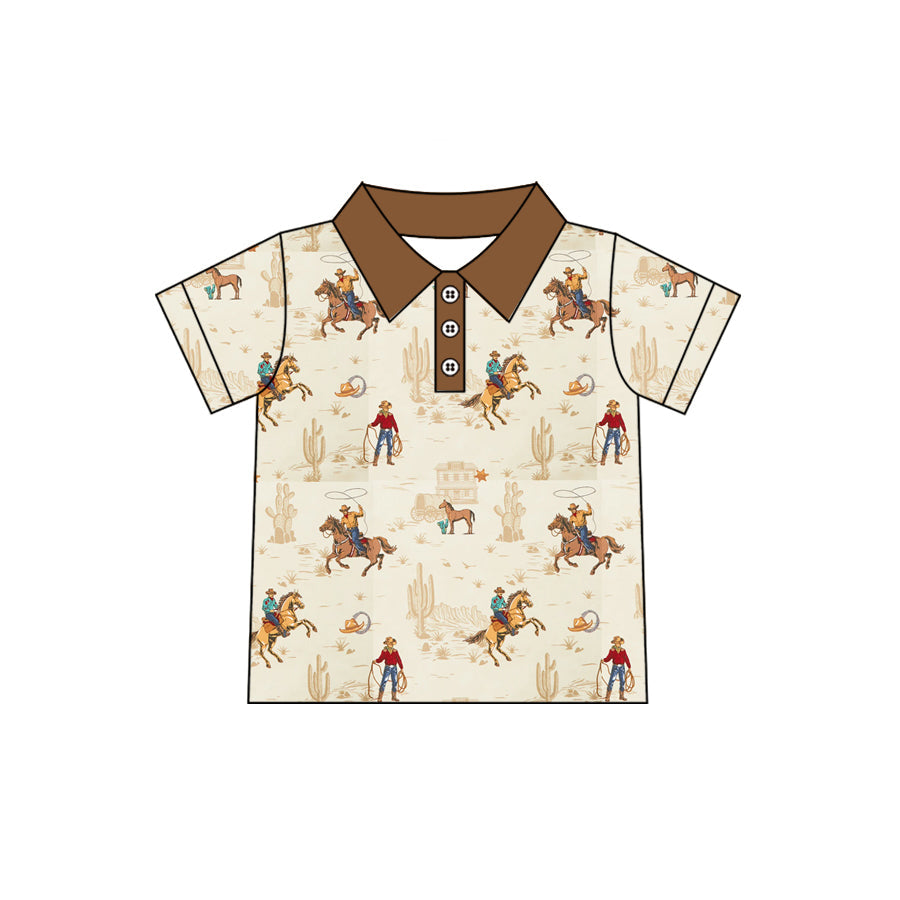 ( Moq 5 ）Preorder Baby Boys Short Sleeves Western Cowboy Cactus Buttons Polo Shirt Tee