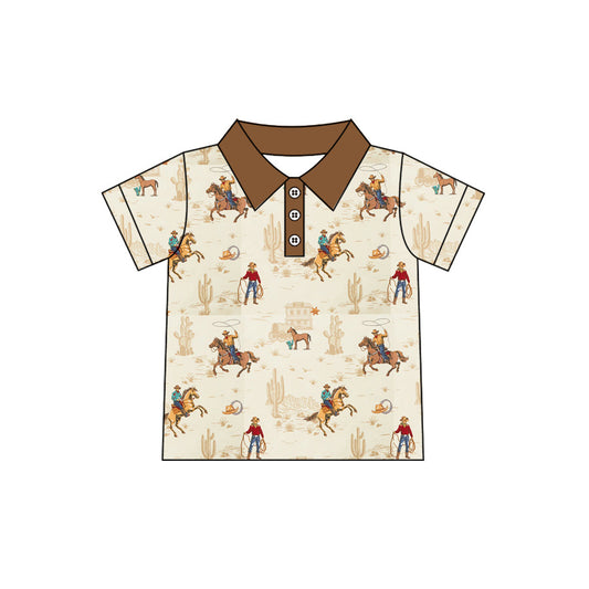 ( Moq 5 ）Preorder Baby Boys Short Sleeves Western Cowboy Cactus Buttons Polo Shirt Tee