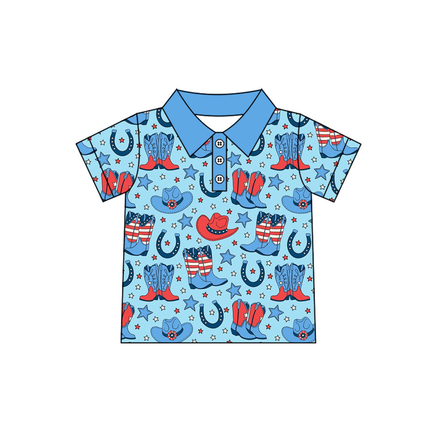 ( Moq 5 ) Preorder Baby Boys Short Sleeves Buttons Hats Boots Stars Shirt 4th of July Western Shirt Tee