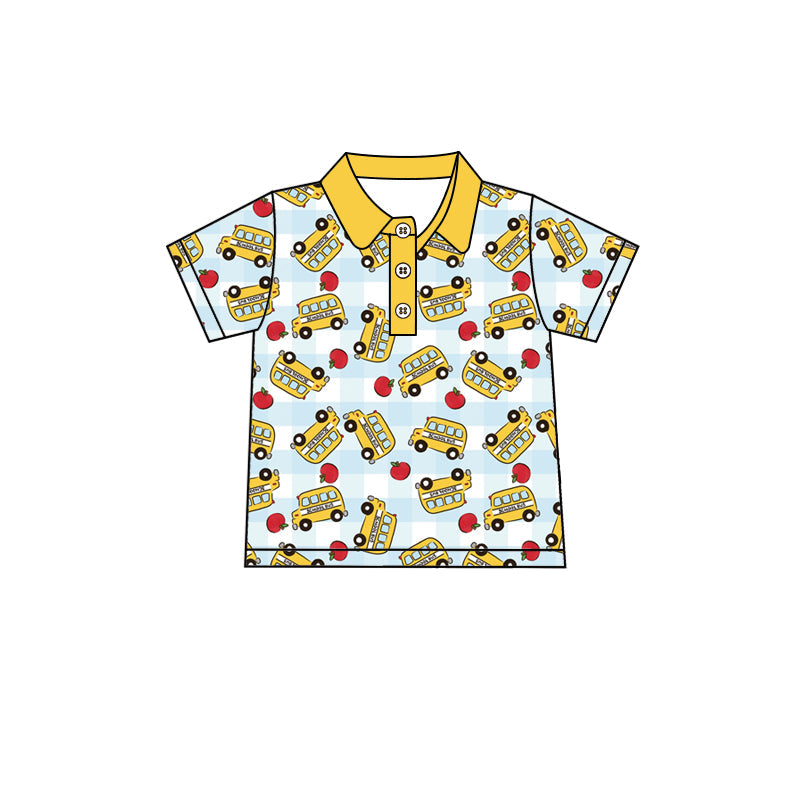 ( Moq 5 ) Baby Boys Kids Short Sleeves Bus Apple Plaid Buttons Tee Back to School Polo Shirt