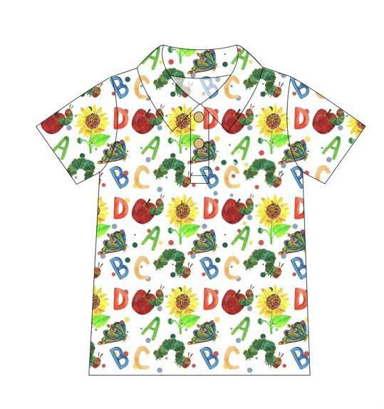 ( Moq 5 ) Preorder Baby Boys Short Sleeves Apple ABC Buttons Shirts Back to School Tops
