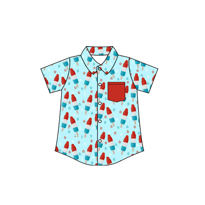 ( Moq 5 ) Preorder Baby Boys Short Sleeves Pocket Popsicles Stars Buttons Shirt 4th of July Tops