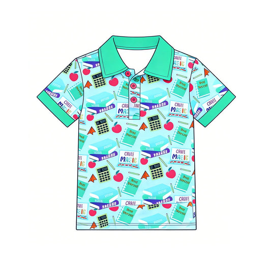 ( Moq 5 ) Preorder Baby Boys Kids Short Sleeves Books Apple Back to School Buttons Green Shirt