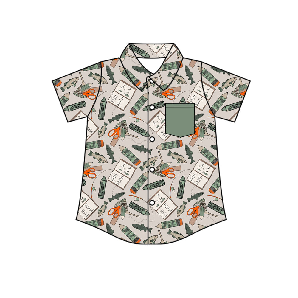 ( Moq 5 ) Preorder Baby Boys Kids Camo Pencil Fishing Pocket Back to School Buttons Shirt Tops
