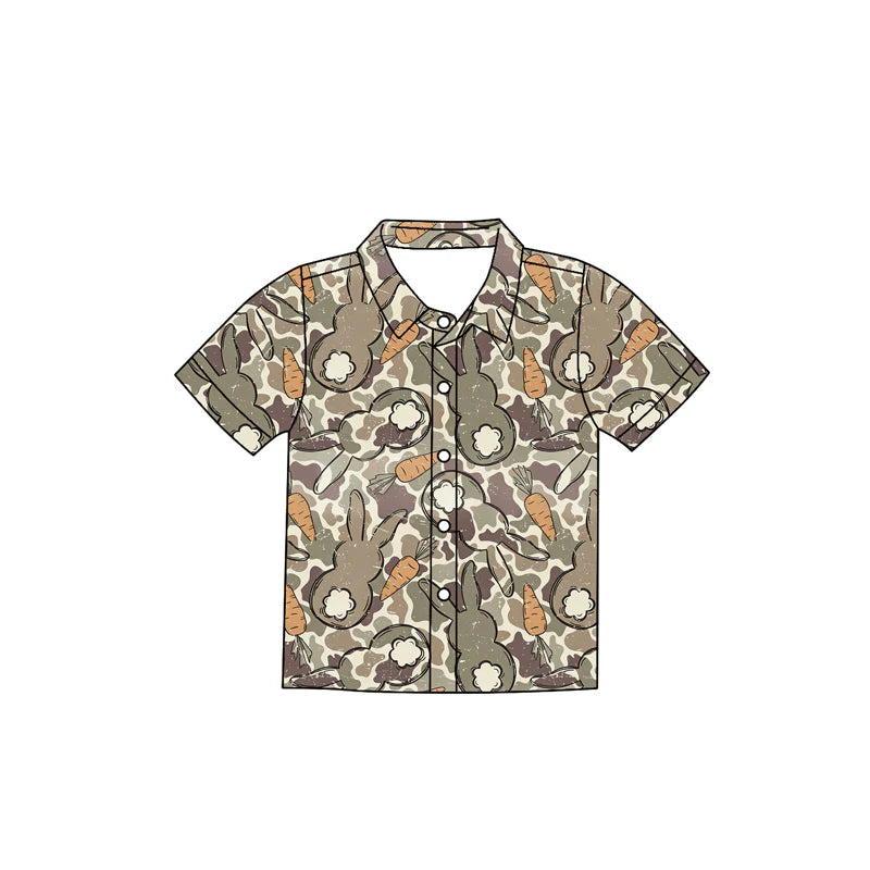 ( Moq 5 ) Preorder Baby Boys Kids Short Sleeves Rabbits Carrots Camo Easter Buttons Shirt Tops