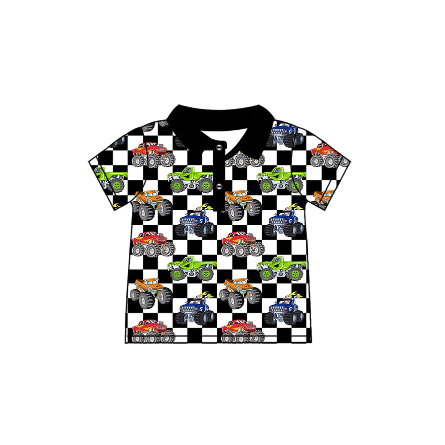 ( Moq 5 ) Preorder Baby Boys Kids Short Sleeves Trucks Black Checked Polo Shirt Tops