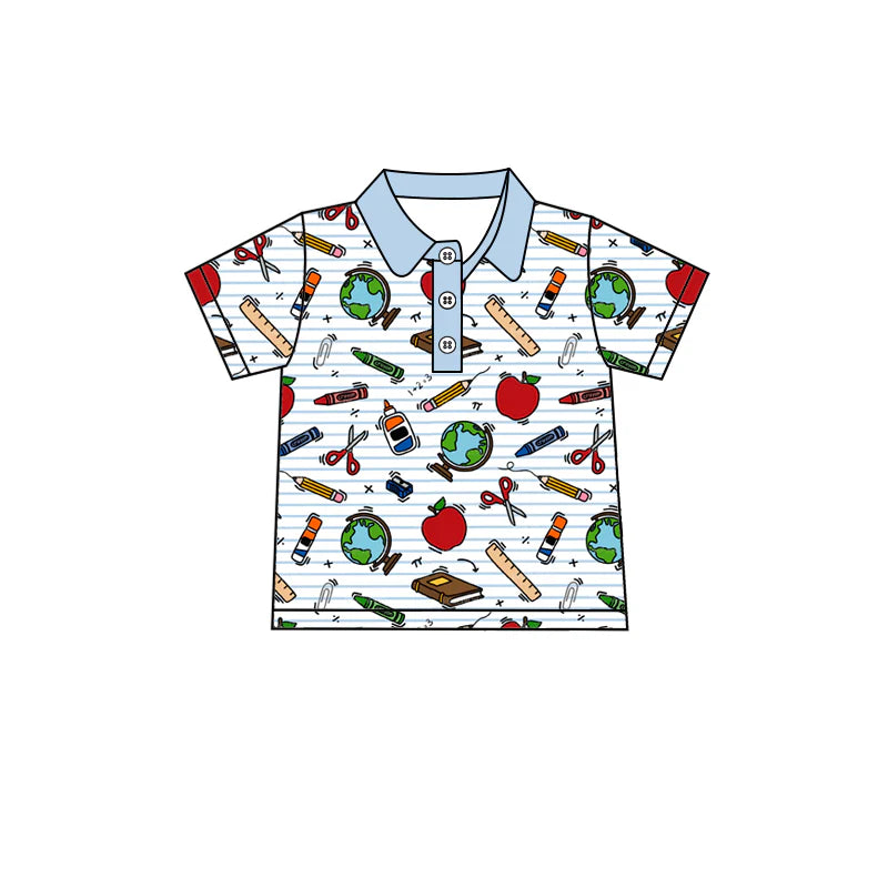 ( No moq ) Preorder Baby Boys Kids Short Sleeves Apple Pencil Back to School Shirt Tops
