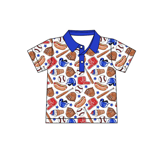 ( No moq ) Preorder Baby Boys Kids Short Sleeves Baseball Buttons Blue Shirt Summer Tops