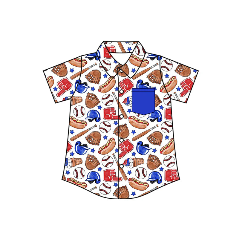 ( No moq ) Preorder Baby Boys Kids Short Sleeves Baseball Buttons Pocket Shirt Summer Tops