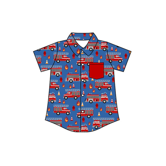 ( Moq 5 ) Preorder Baby Boy Kids Short Sleeves Fire Trucks Pocket Buttons Shirt Tops